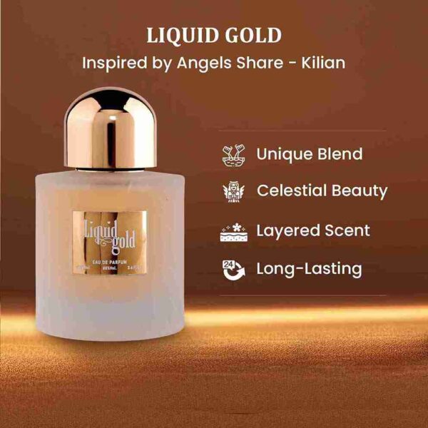 Liquid Gold by Symphony Eau De Parfum, 100ml 3.4oz, Inspired by Angel Share-Kilian Paris, Luxury Perfume for Men Women Unisex, Long Lasting Woody Spicy Fragrance, Wide Sillage
