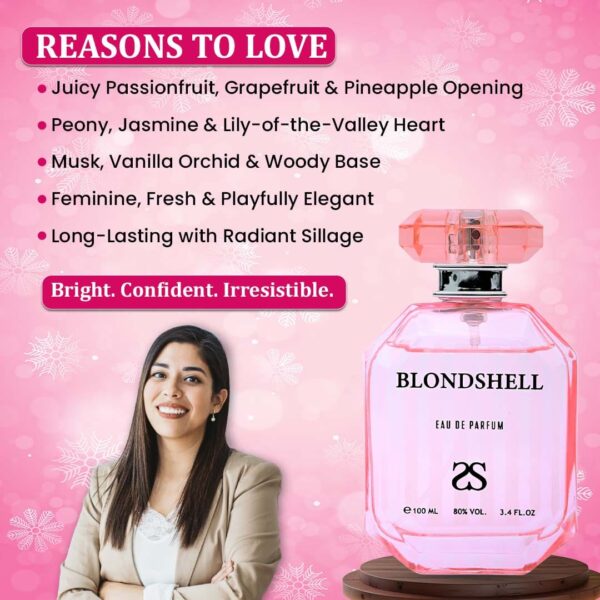 Reason to love BLONDSHELL by Symphony, Eau De Parfum, 100ml 3.4oz, Inspired by Bombshell (Victoria’s Secret), Luxury Perfume for Women, Long Lasting, Fruity, Sweet, Fresh, Citrus, Floral Scent, Wide Sillage