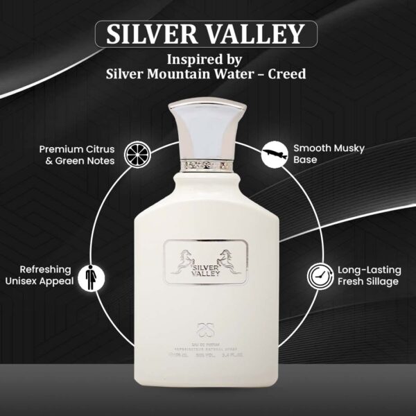 Silver Valley inspired by SILVER VALLEY by Symphony, Eau De Parfum, 100ml 3.4oz, Inspired by Silver Mountain Water (Creed), Luxury Unisex Perfume, Long Lasting, Citrus, Green, Fruity, Musky, Woody Scent, Wide Sillage