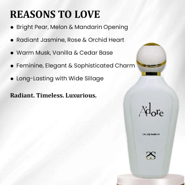 Artboard 4 (49) ADORE by Symphony, Eau De Parfum, 100ml 3.4oz, Inspired by J’adore (Dior), Luxury Perfume for Women, Long Lasting, White Floral, Fruity, Sweet, Powdery, Aquatic Scent, Wide Sillage