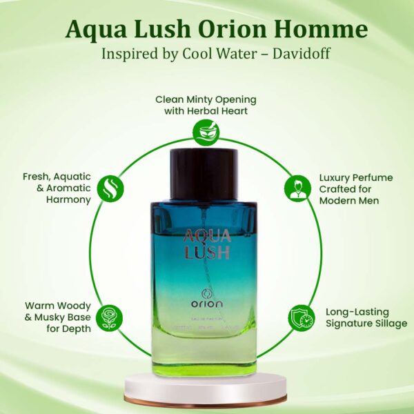 AQUA LUSH by ORION, Eau De Parfum by Symphony, 100ml 3.4oz, Inspired by Cool Water – Davidoff, Luxury Perfume for Men, Long Lasting, Fresh and Aquatic Scent, Wide Sillage