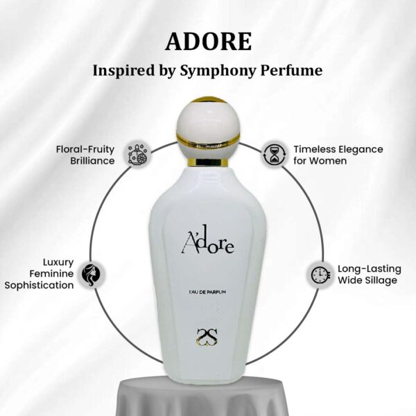 ADORE by Symphony, Eau De Parfum, 100ml 3.4oz, Inspired by J’adore (Dior), Luxury Perfume for Women, Long Lasting, White Floral, Fruity, Sweet, Powdery, Aquatic Scent, Wide Sillage