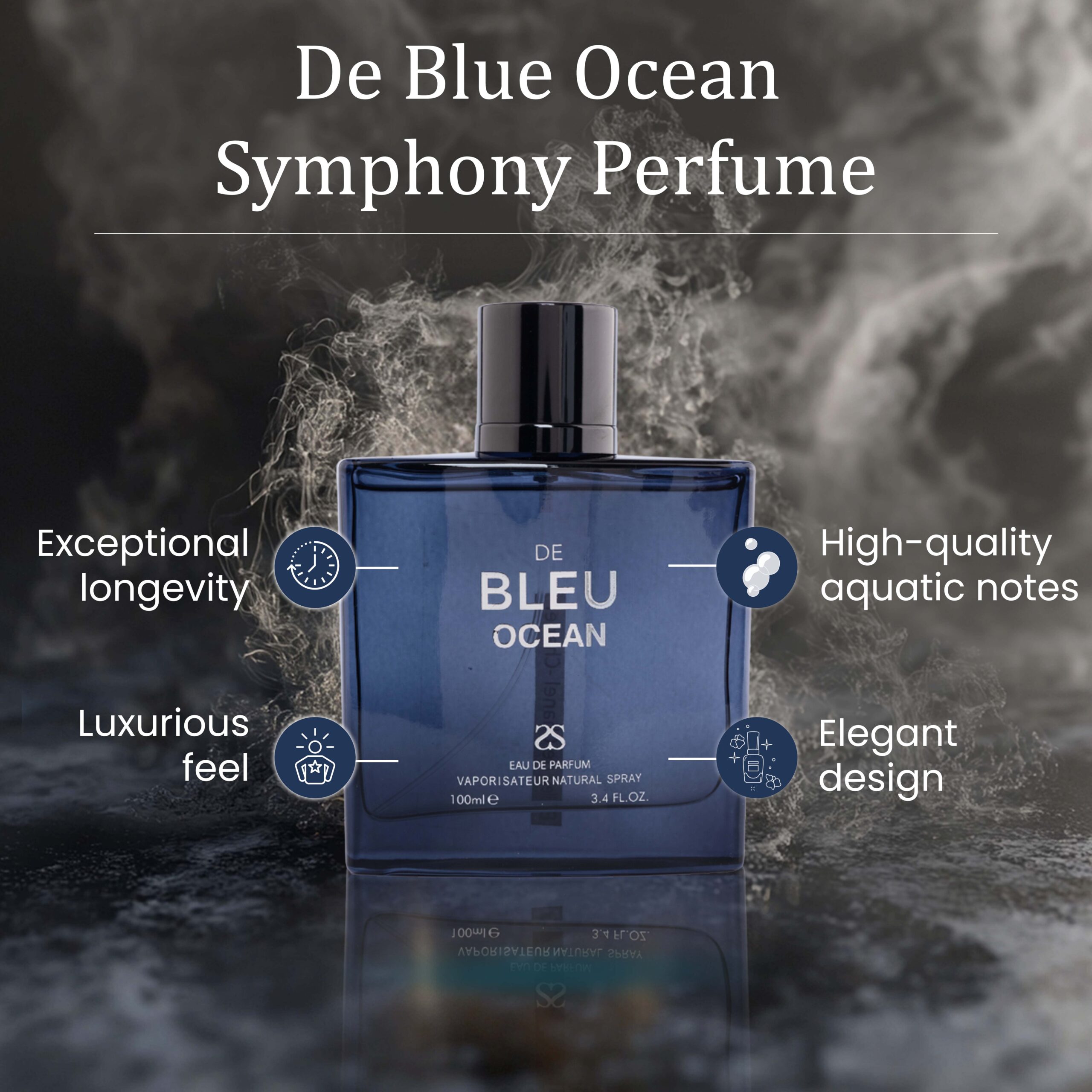 De Blue Ocean by Symphony, Eau De Parfum, 100ml-3.4oz, Inspired by Blue De Сhаnеl Luxury Perfume for Men, Long Lasting Fragrance, Citrus Jasmine Woody Masculine, Wide Sillage