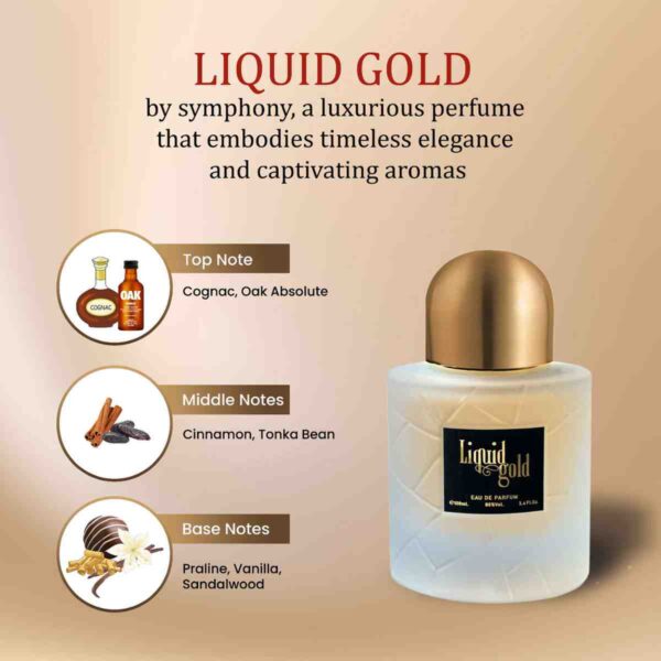 Liquid Gold by Symphony Eau De Parfum, 100ml 3.4oz, Inspired by Angel Share-Kilian Paris, Luxury Perfume for Men Women Unisex, Long Lasting Woody Spicy Fragrance, Wide Sillage