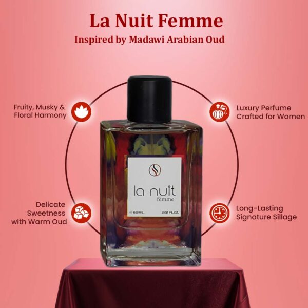 La Nuit Femme by Symphony, Eau De Parfum, 80ml 2.7oz, Inspired by Madawi – Arabian Oud, Luxury Perfume for Women, Long Lasting, Fruity and Musky Scent, Wide Sillage